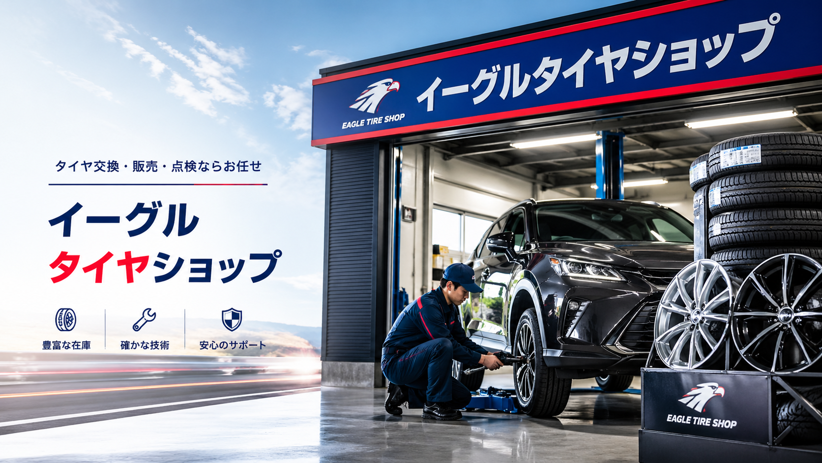 イーグルタイヤショップの店舗とタイヤ交換イメージ